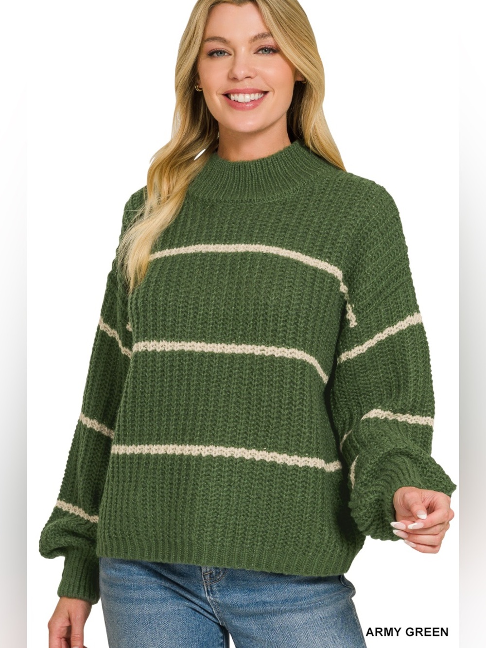 Zenana Green and Cream Striped Sweater
